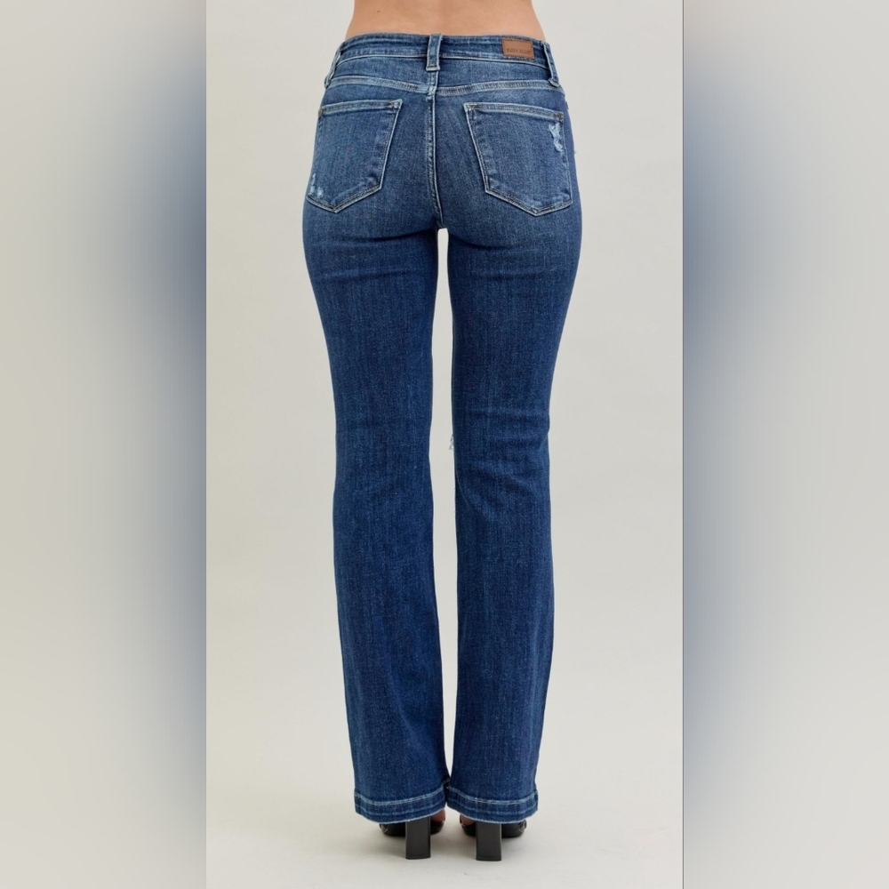 Judy Blue Mid Rise Dark Wash Hand Sand Distressed Bootcut Denim Jeans 13/31 NEW - Picture 13 of 16